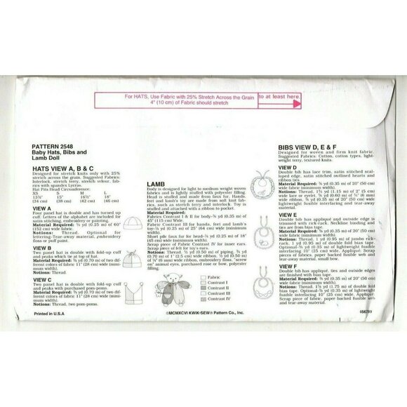 Kwik Sew 2548 Baby Hats, Bibs, and Lamb Doll New Vintage Uncut Sewing Pattern - Picture 2 of 2